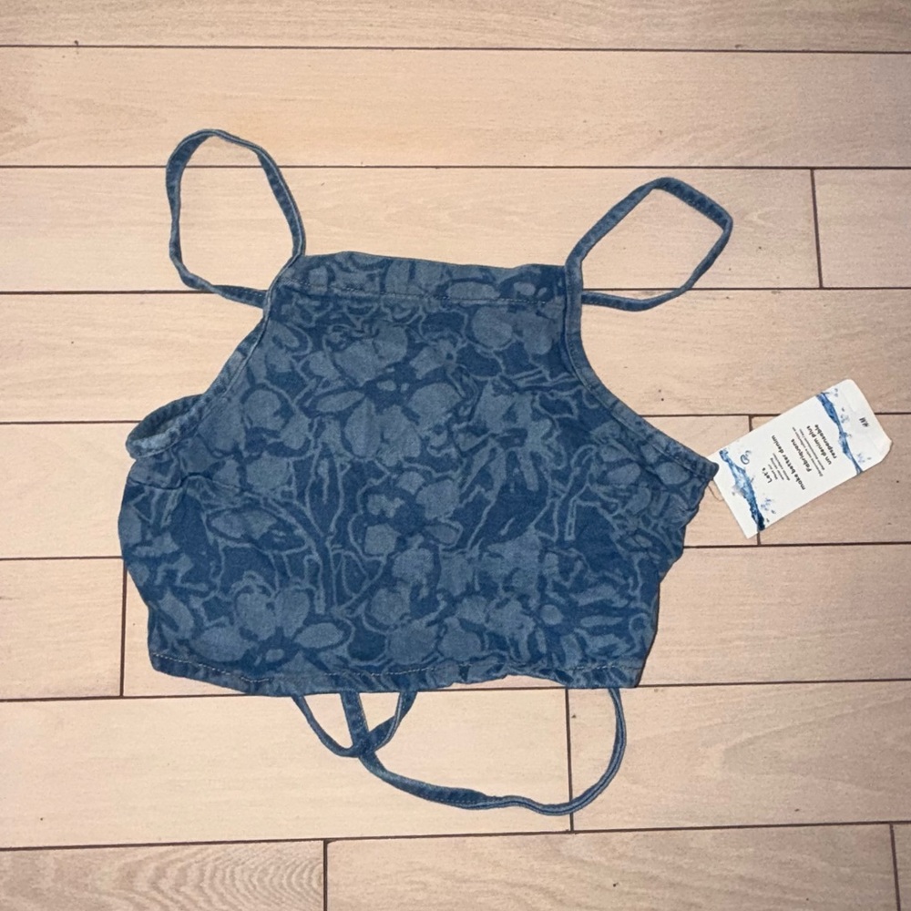 Floral Blue Denim Halter Crop Top